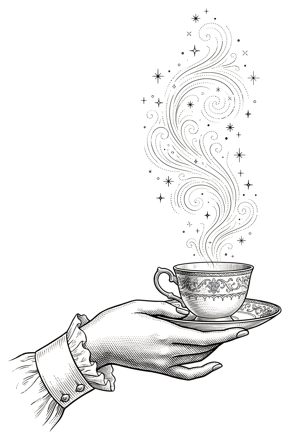 Engraving of a hand holding a teacup with stars rising from it
